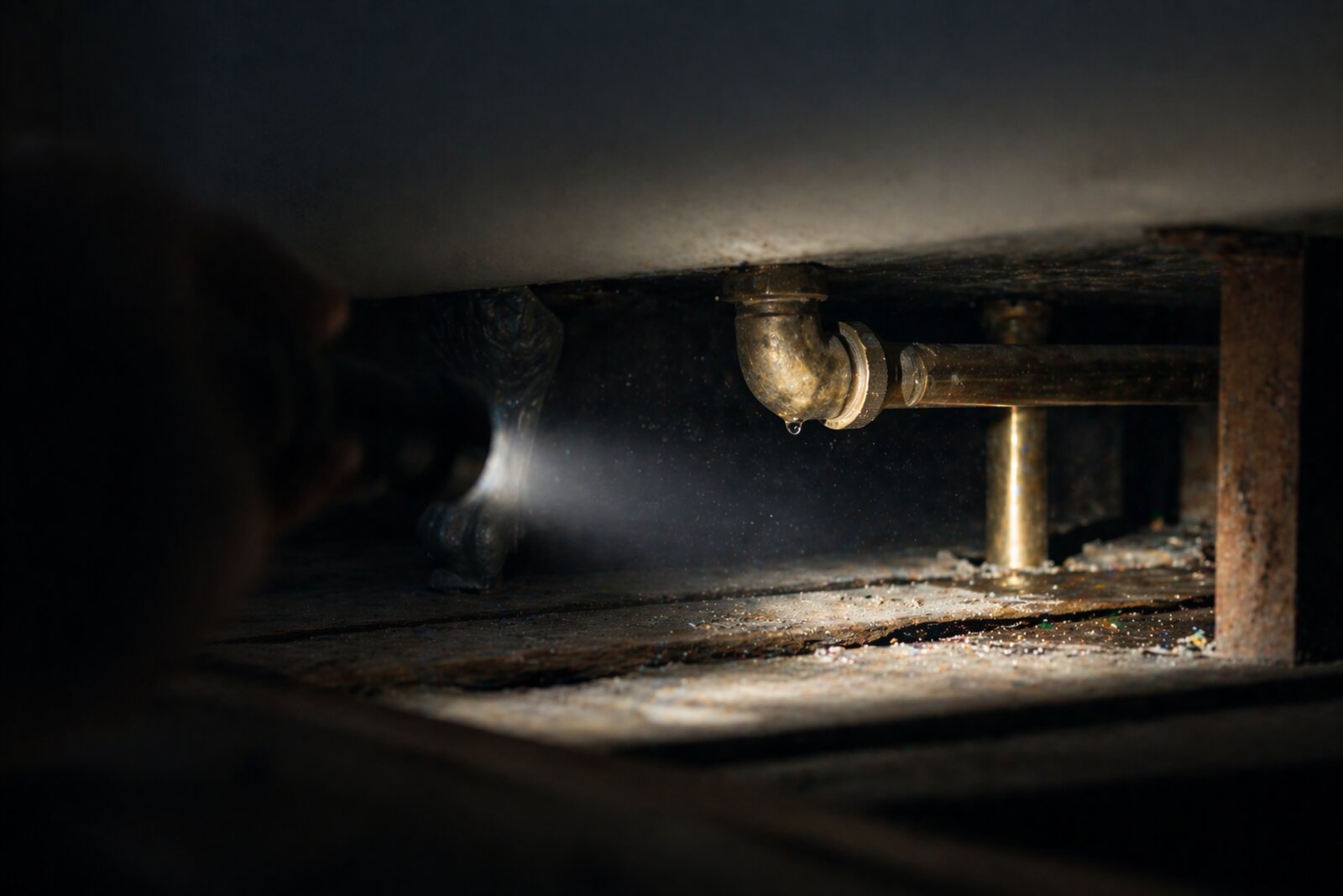 Torchlight revealing hidden pipework under a bathtub with condensation on the joint